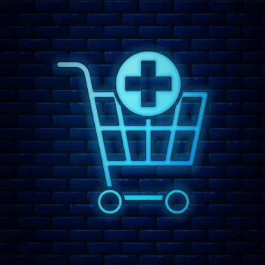 Işıldayan neon ekleme alışveriş arabası simgesi tuğla duvar arka planında izole. İnternetten satın alma konsepti. Servis tabelası. Süpermarket sepeti sembolü. Vektör İllüstrasyonu
