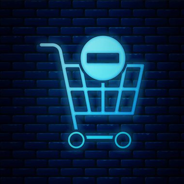 Parlayan neon, duvardaki izole edilmiş alışveriş arabası simgesini kaldır. İnternetten satın alma konsepti. Teslimat servisi. Süpermarket sepeti ve X işareti. Vektör İllüstrasyonu
