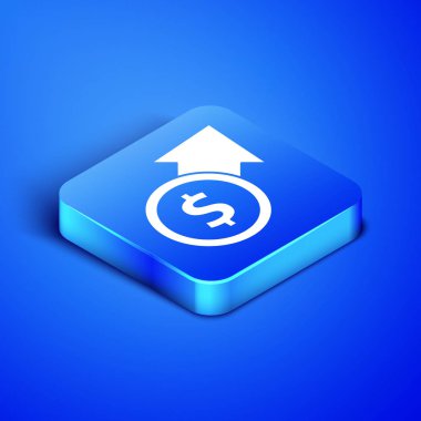 Isometric Finansal büyüme ve madeni para ikonu mavi arka planda izole edildi. Gelirleri arttırıyorum. Mavi kare düğme. Vektör İllüstrasyonu
