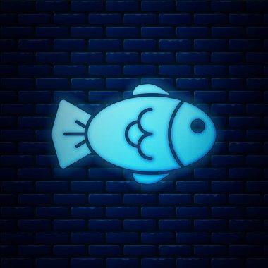 Tuğla duvar arka planda izole parlayan neon Balık simgesi. Vektör İllüstrasyonu