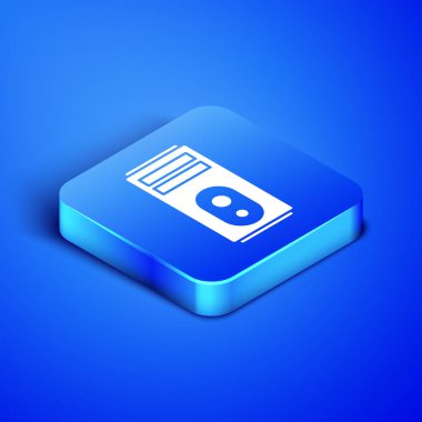 Isometric Bilgisayar simgesi mavi arkaplanda izole edildi. Bilgisayar bileşeni işareti. Mavi kare düğme. Vektör İllüstrasyonu