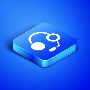 Mavi arkaplanda izole edilmiş Isometric Kulaklık simgesi. Kulaklıklar. Müzik, hizmet, iletişim ve operatör konsepti. Mavi kare düğme. Vektör İllüstrasyonu