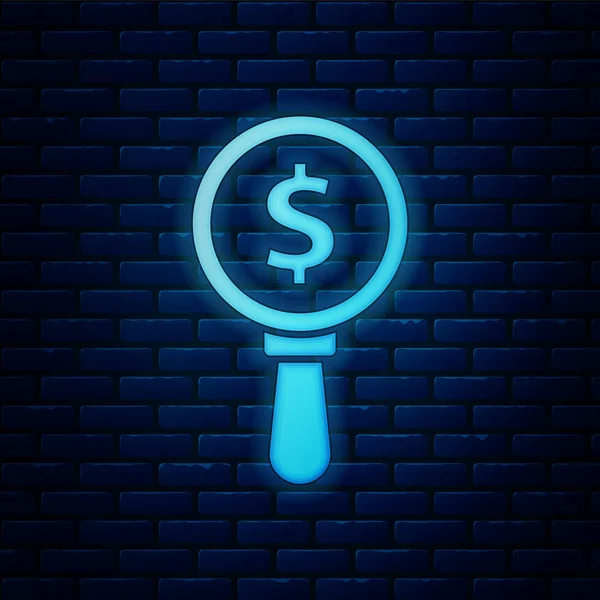 Ragyogó neon Nagyító üveg és dollár szimbólum ikon elszigetelt téglafal háttér. Keress pénzt. Pénzt keresek. Vektorillusztráció — Stock Vector