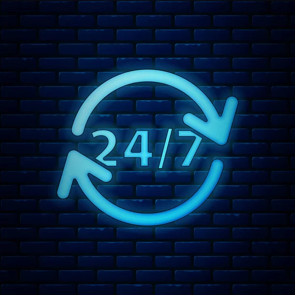 Leuchtende Neon-Uhr 24 Stunden Symbol isoliert auf Backsteinwand Hintergrund. Ganztägig zyklische Ikone. 24 Stunden Service-Symbol. Vektorillustration — Stockvektor