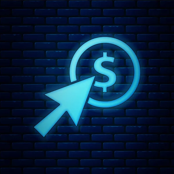 Glowing neon Cursor and coin icon isolated on brick wall background. Dollar or USD symbol. Cash Banking currency sign. Vector Illustration — 스톡 벡터