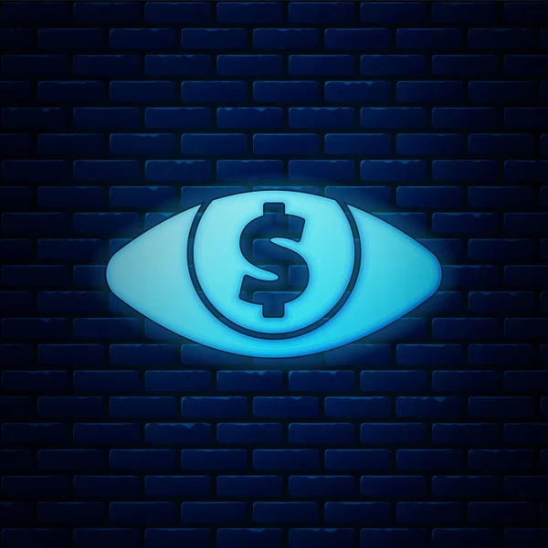 Glowing neon Eye with dollar icon isolated on brick wall background. Vector Illustration — Stock Vector