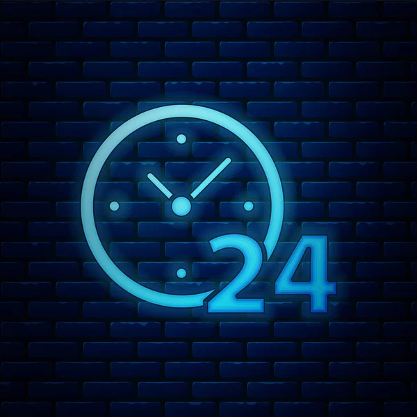 Glowing neon Clock 24 hours icon isolated on brick wall background. All day cyclic icon. 24 hours service symbol. Vector Illustration — Stock Vector