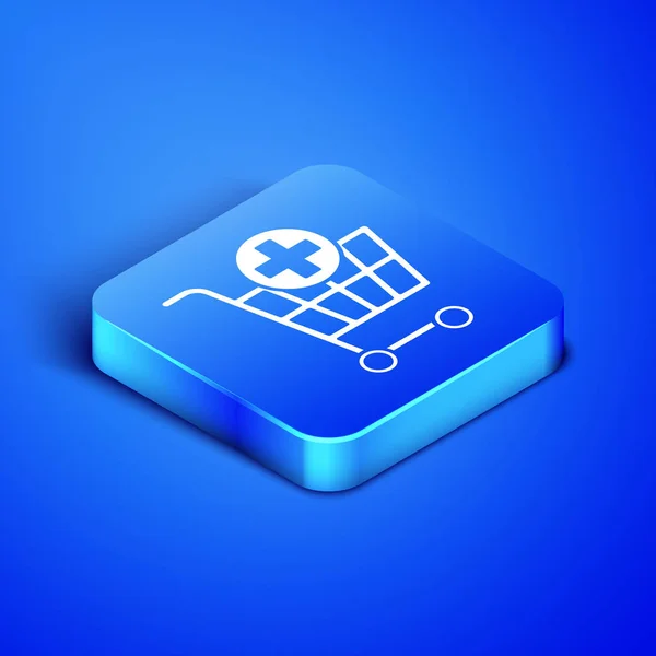 İzometrik mavi arka planda izole alışveriş sepeti simgesine Ekle. Online satın alma kavramı. Teslimat hizmeti işareti. Süpermarket sepeti sembolü. Mavi kare düğmesi. Vektör Illustration