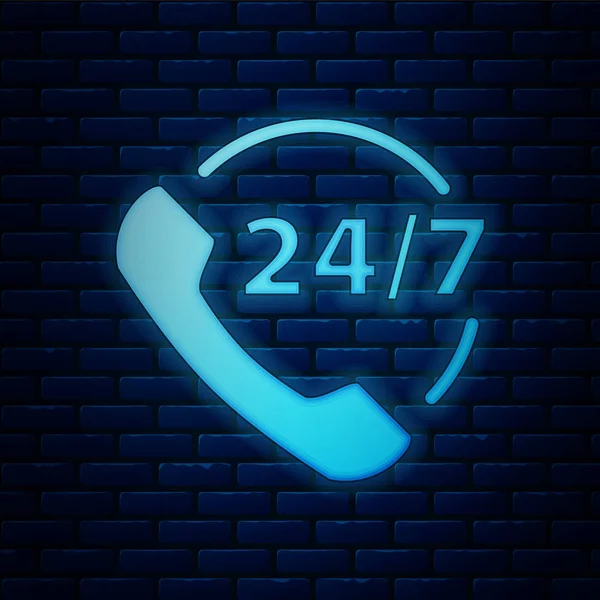 Gloeiende neon Telefoon 24 uur support icoon geïsoleerd op baksteen muur achtergrond. De hele dag customer support call-center. Full-time oproepdiensten. Vector Illustratie — Stockvector