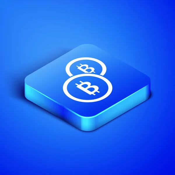 Isométrica Criptomoeda ícone Bitcoin moeda isolada no fundo azul. Moeda física. Blockchain baseado em moeda criptomoeda segura. Botão quadrado azul. Ilustração vetorial — Vetor de Stock
