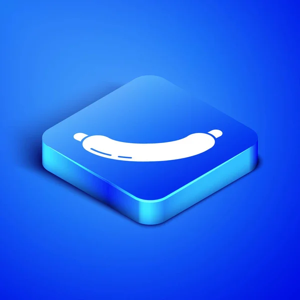 Isométrique icône de saucisse isolé sur fond bleu. Saucisse grillée et arôme signe. Bouton carré bleu. Illustration vectorielle — Image vectorielle