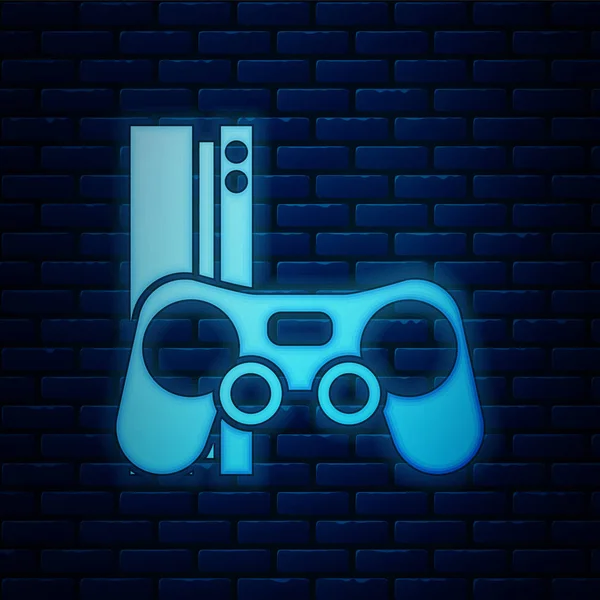 Leuchtende Neon-Videospielkonsole mit Joystick-Symbol isoliert auf Backsteinwand Hintergrund. Vektorillustration — Stockvektor