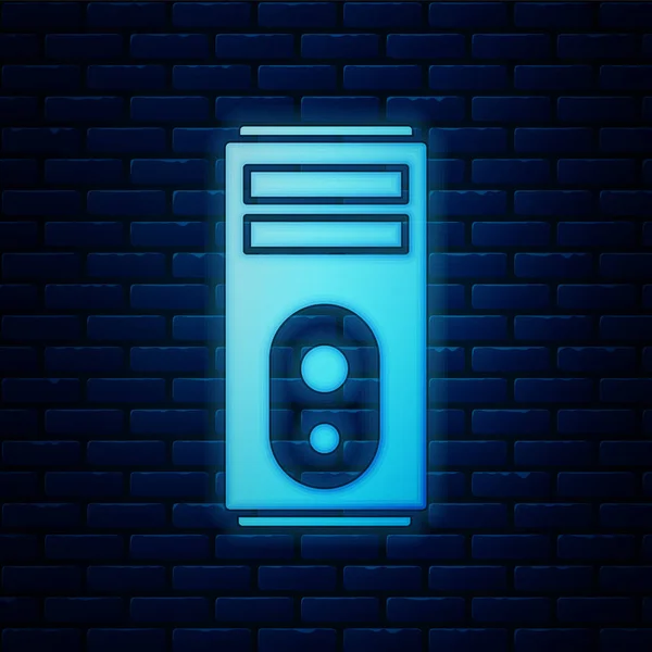 Ragyogó neon számítógép ikon elszigetelt téglafal háttér. Pc alkatrész jel. Vektorillusztráció — Stock Vector