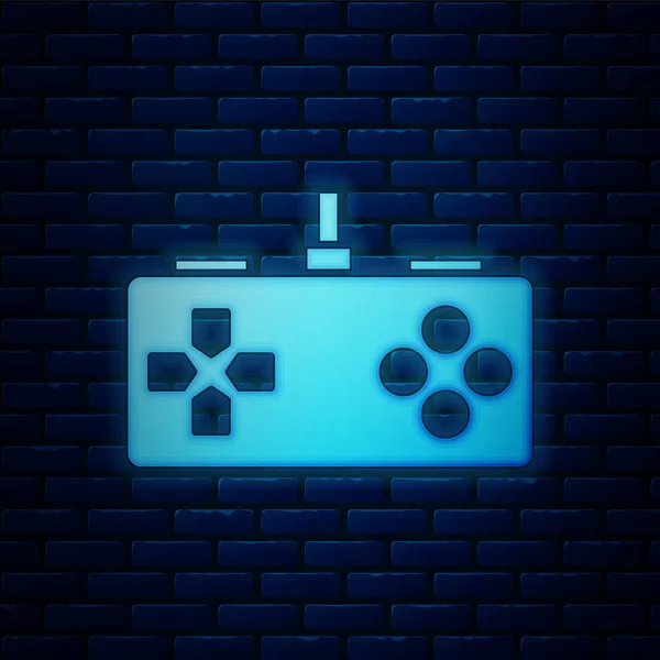 Glowing neon Gamepad 아이콘은 벽돌 벽 배경에 분리되어 있다. 게임 컨트롤러. 사기적 인 예 — 스톡 벡터