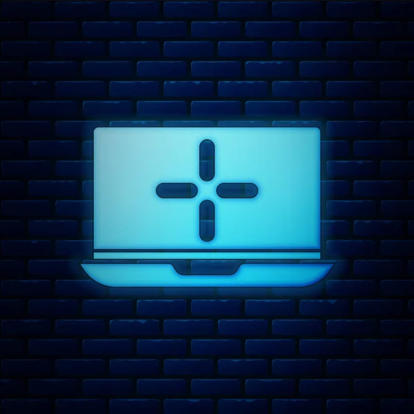 Icono brillante de neón portátil aislado en el fondo de la pared de ladrillo. Computadora portátil con pantalla vacía. Ilustración vectorial — Archivo Imágenes Vectoriales