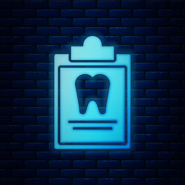 Leuchtende Neon-Klemmbrett mit Dentalkarte oder Patientenakte Symbol isoliert auf Backsteinwand Hintergrund. Zahnzusatzversicherungen. Zahnklinikbericht. Vektorillustration — Stockvektor