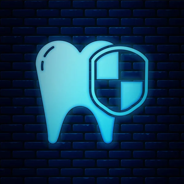 Icono de protección dental de neón brillante aislado en el fondo de la pared de ladrillo. Diente con logo de escudo. Ilustración vectorial — Archivo Imágenes Vectoriales