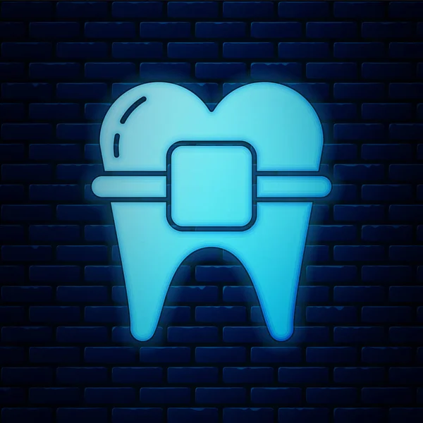 Dentes de néon brilhante com aparelho ícone isolado no fundo da parede de tijolo. Alinhamento de mordida de dentes, linha dental com aparelho. Conceito dentário. Ilustração vetorial — Vetor de Stock