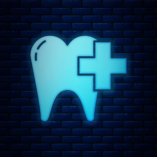 Gloeiende neon Tandheelkundige kliniek voor tandheelkundige zorg tand pictogram geïsoleerd op baksteen muur achtergrond. Vector Illustratie — Stockvector