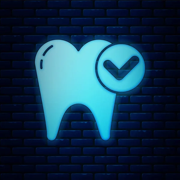 Светящийся неоновый значок отбеливания зубов изолирован на фоне кирпичной стены. Символ зуба для стоматологической клиники или стоматологического медицинского центра. Векторная миграция — стоковый вектор