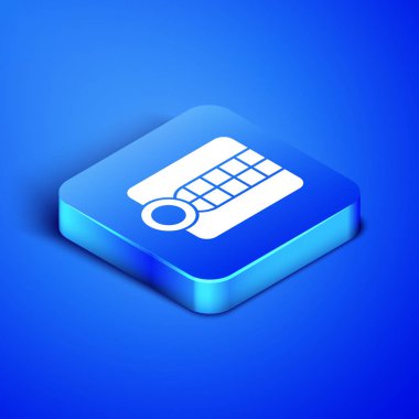 Mavi arka planda izole edilmiş Isometric takma diş modeli simgesi. Diş konsepti. Mavi kare düğme. Vektör İllüstrasyonu