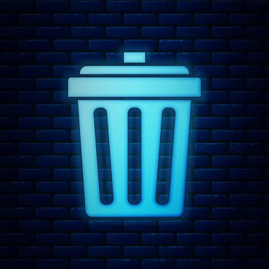 Parlayan neon çöp kutusu simgesi tuğla duvar arka planında izole edildi. Çöp kutusu tabelası. Sepet simgesini geri dönüştür. Ofis çöpü ikonu. Vektör İllüstrasyonu