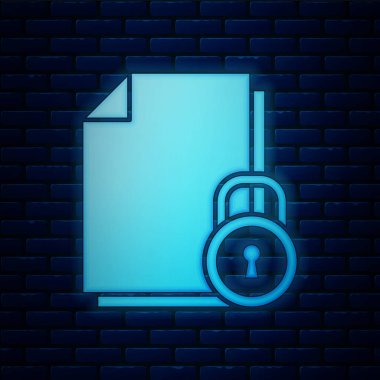 Parlayan neon döküman ve kilit simgesi tuğla duvar arka planında izole edildi. Dosya biçimi ve asma kilit. Güvenlik, güvenlik, koruma kavramı. Vektör İllüstrasyonu