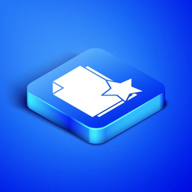 Mavi arkaplanda yıldız simgesine sahip Isometric Belgesi. En iyi belge, favori, derecelendirme sembolü. Mavi kare düğme. Vektör İllüstrasyonu