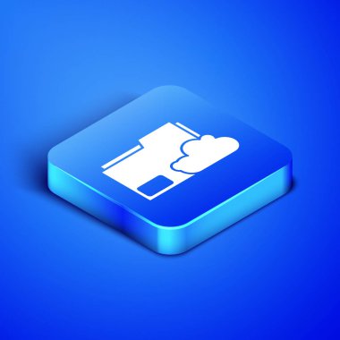 Isometric Cloud depolama metin dosya dizini simgesi mavi arkaplanda izole edildi. Mavi kare düğme. Vektör İllüstrasyonu