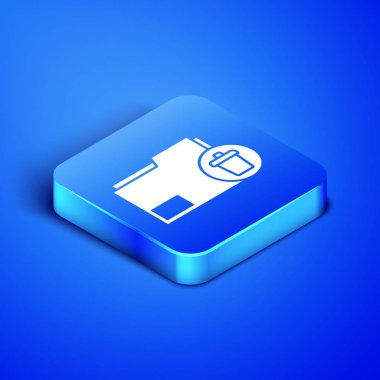 Isometric Sil dizin simgesi mavi arkaplanda izole edildi. Dizini sil ya da hata yap. Bilgisayar bilgi dizinini kapat. Mavi kare düğme. Vektör İllüstrasyonu