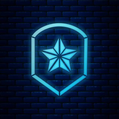 Parlayan neon polis rozeti ikonu tuğla duvar arkasında izole edildi. Şerif rozeti. Yıldız sembollü kalkan. Vektör İllüstrasyonu