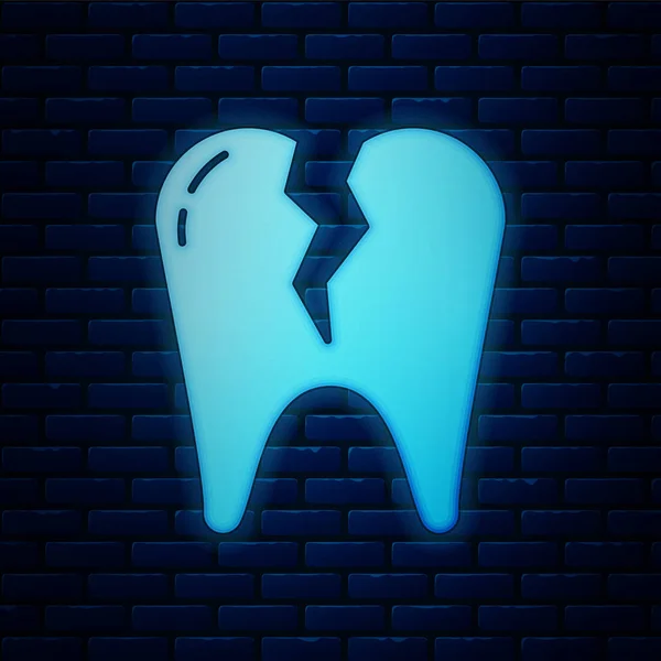 Ícone de dente quebrado neon brilhante isolado no fundo da parede de tijolo. Ícone de problema dentário. Símbolo de cuidados dentários. Ilustração vetorial —  Vetores de Stock