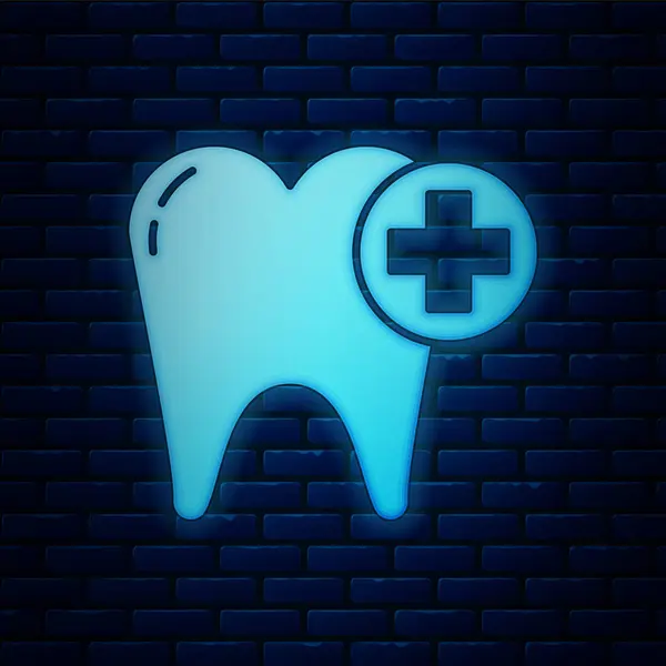 Glowing neon Tooth icon isolated on brick wall background. Tooth symbol for dentistry clinic or dentist medical center and toothpaste package. Vector Illustration — Stock Vector