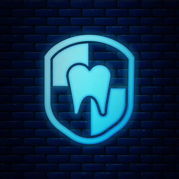 Icono de protección dental de neón brillante aislado en el fondo de la pared de ladrillo. Diente con logo de escudo. Ilustración vectorial — Archivo Imágenes Vectoriales