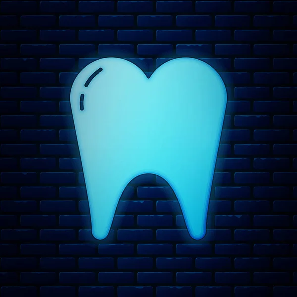 Icono de diente de neón brillante aislado en el fondo de la pared de ladrillo. Símbolo dental para clínica de odontología o centro médico dentista y paquete de pasta de dientes. Ilustración vectorial — Archivo Imágenes Vectoriales