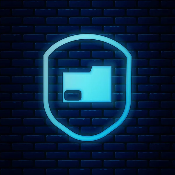 Glowing neon Document folder protection concept icon isolated on brick wall background. Confidential information and privacy idea, guard, shield. Vector Illustration — 스톡 벡터