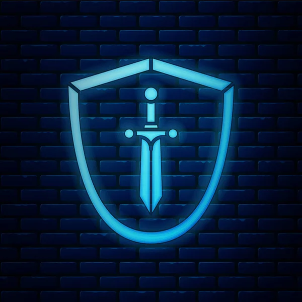 Glowing neon Medieval shield with sword icon isolated on brick wall background. Vector Illustration — 스톡 벡터