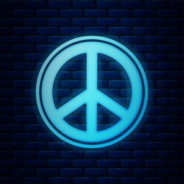 Parlayan neon barış simgesi tuğla duvar arkasında izole edildi. Hippi barış sembolü. Vektör İllüstrasyonu