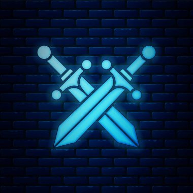 Glowing neon Crossed medieval sword icon isolated on brick wall background. Vector Illustration