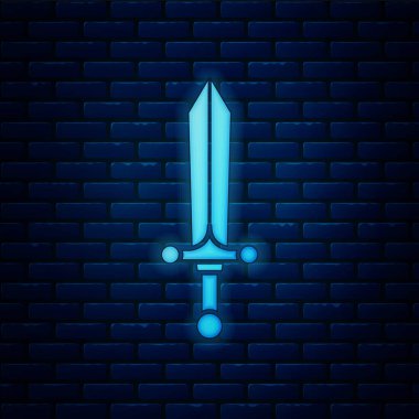 Parlayan Ortaçağ kılıç simgesi tuğla duvar arkasında izole edilmiş. Vektör İllüstrasyonu