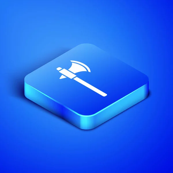 Isometric Medieval axe icon isolated on blue background. Battle axe, executioner axe. Blue square button. Vector Illustration — 스톡 벡터
