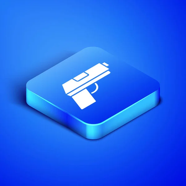 Isometric Pistol or gun icon isolated on blue background. Police or military handgun. Small firearm. Blue square button. Vector Illustration — Stock Vector
