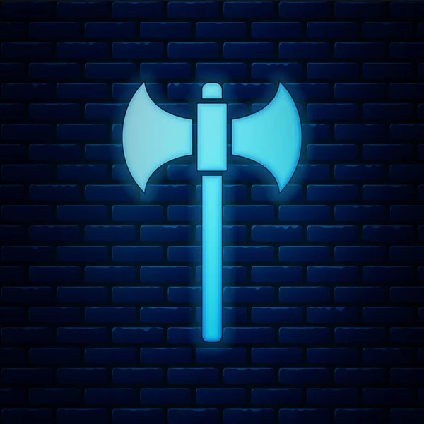 Glowing neon Medieval axe icon isolated on brick wall background. Battle axe, executioner axe. Vector Illustration — Stock Vector