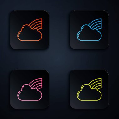 Siyah arkaplanda bulutların simgesi olan renkli gökkuşağı çizgisi. Renkli kare düğmelere simgeleri yerleştir. Vektör İllüstrasyonu