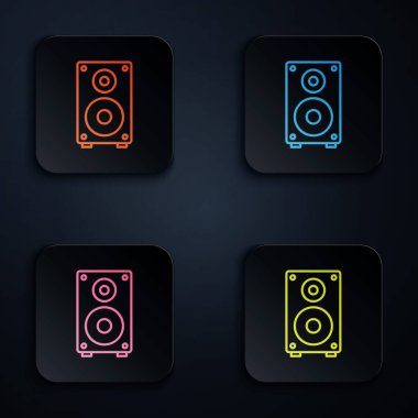 Renkli neon hattı Stereo hoparlörü simgesi siyah arkaplanda izole edildi. Ses sistemi hoparlörleri. Müzik ikonu. Müzikal sütun hoparlörü. Renkli kare düğmelere simgeleri yerleştir. Vektör İllüstrasyonu
