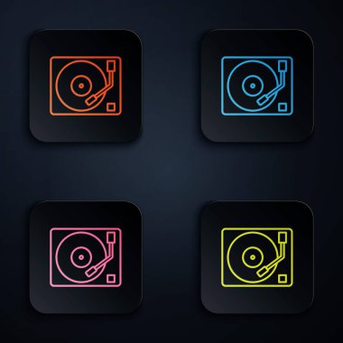 Siyah arkaplanda izole edilmiş vinil disk simgesi olan renkli neon çizgisi Vinil oynatıcı. Renkli kare düğmelere simgeleri yerleştir. Vektör İllüstrasyonu
