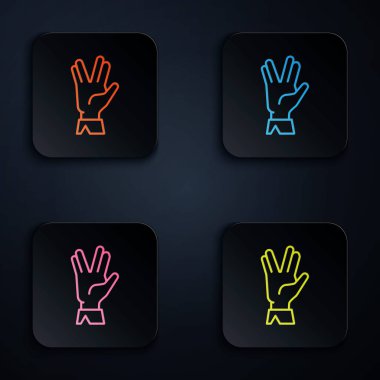 Renkli neon hattı Vulkan selamlama simgesi siyah arkaplanda izole edildi. Vulcan selamı. Spock sembolü. Kare düğmelere simgeleri yerleştir. Vektör İllüstrasyonu