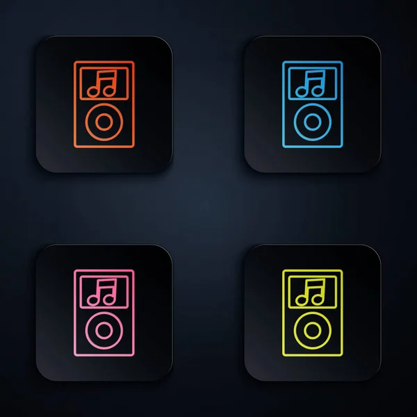 Färg neon line Musik spelare ikon isolerad på svart bakgrund. Bärbar musikapparat. Ställ ikoner i färgglada fyrkantiga knappar. Vektor Illustration — Stock vektor