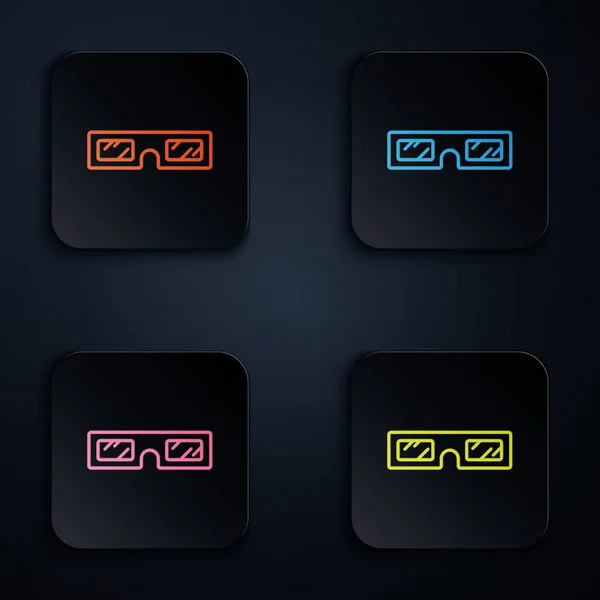 Color neón línea 3D gafas de cine icono aislado sobre fondo negro. Establecer iconos en botones cuadrados de colores. Ilustración vectorial — Archivo Imágenes Vectoriales