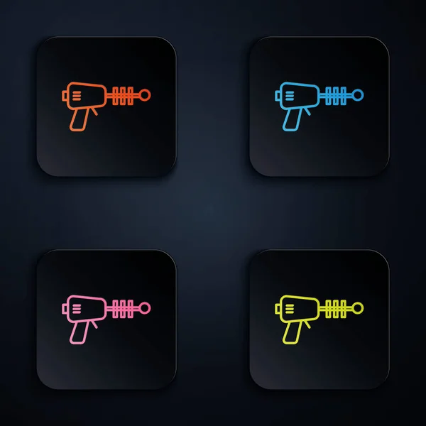 Color neón línea Ray pistola icono aislado sobre fondo negro. Arma láser. Espacial Blaster. Establecer iconos en botones cuadrados. Ilustración vectorial — Vector de stock